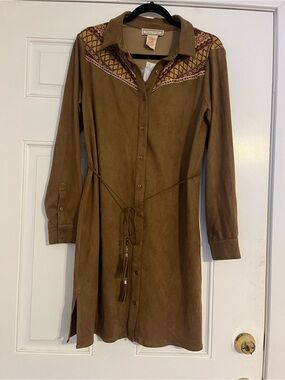 Flying Tomato Brown Embroidered Suede-Look Long Sleeve Shirt Dress
